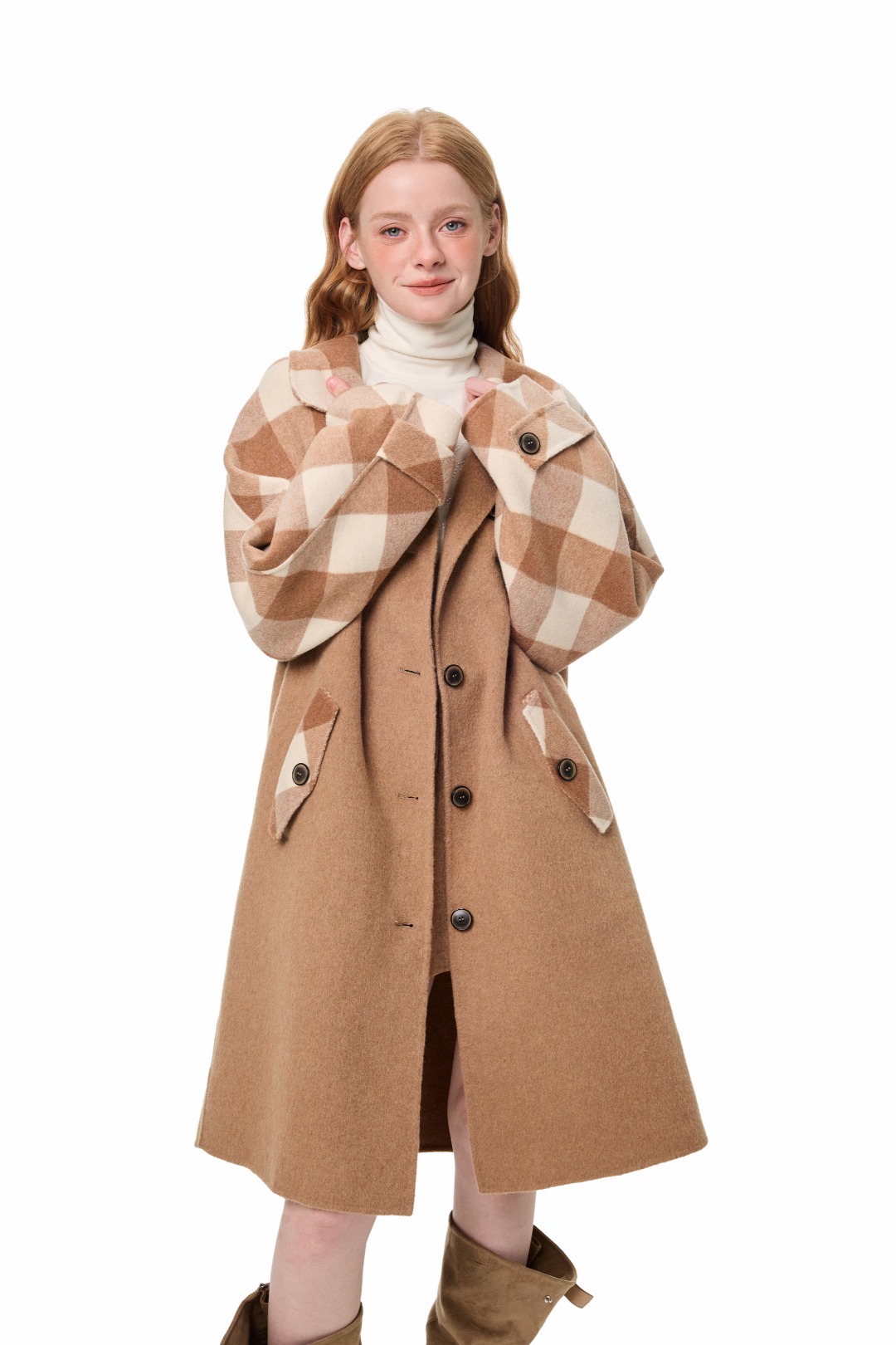 Andrea Martin 25秋冬新品蓝色格子拼色长款双面尼大衣带围巾