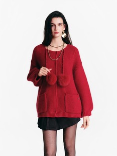 羊毛宽松型保暖毛衣红色女装 DIANA VEVINA26春夏圆领毛球针织开衫