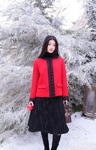 GUO 25秋冬红色亮片羊毛大衣短外套黑色条纹亮片A摆半裙 JINGYI