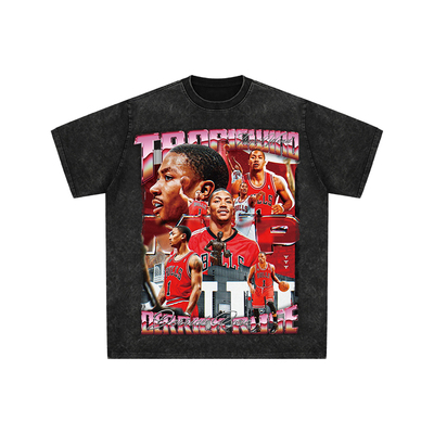 球星T恤美式水洗宽松嘻哈重磅复古短袖芝加哥之子罗斯风城玫瑰