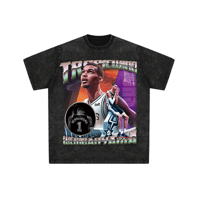 球星T恤美式水洗宽松嘻哈重磅复古短袖马刺状元维克多文班亚马