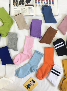 5双纯色袜子女秋冬ins潮网红纯棉黑色日系可爱男袜长袜子女中筒袜