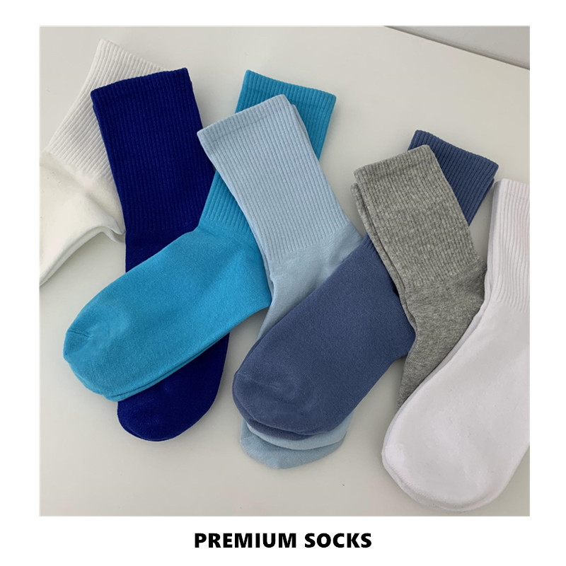 蓝色袜子女春秋ins潮中筒袜秋季堆堆袜高筒纯棉秋冬纯色女生袜子