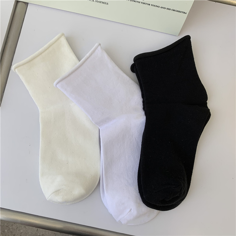 白色袜子女ins潮中筒袜夏季薄款纯棉黑色短袜纯色春秋款卷边袜女