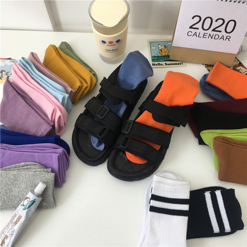 潮薄款日系韩版纯色女士中筒袜