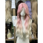 小额蕾丝假发女长卷发粉白渐变羊毛卷时尚 假发 仿真人发丝全头套款