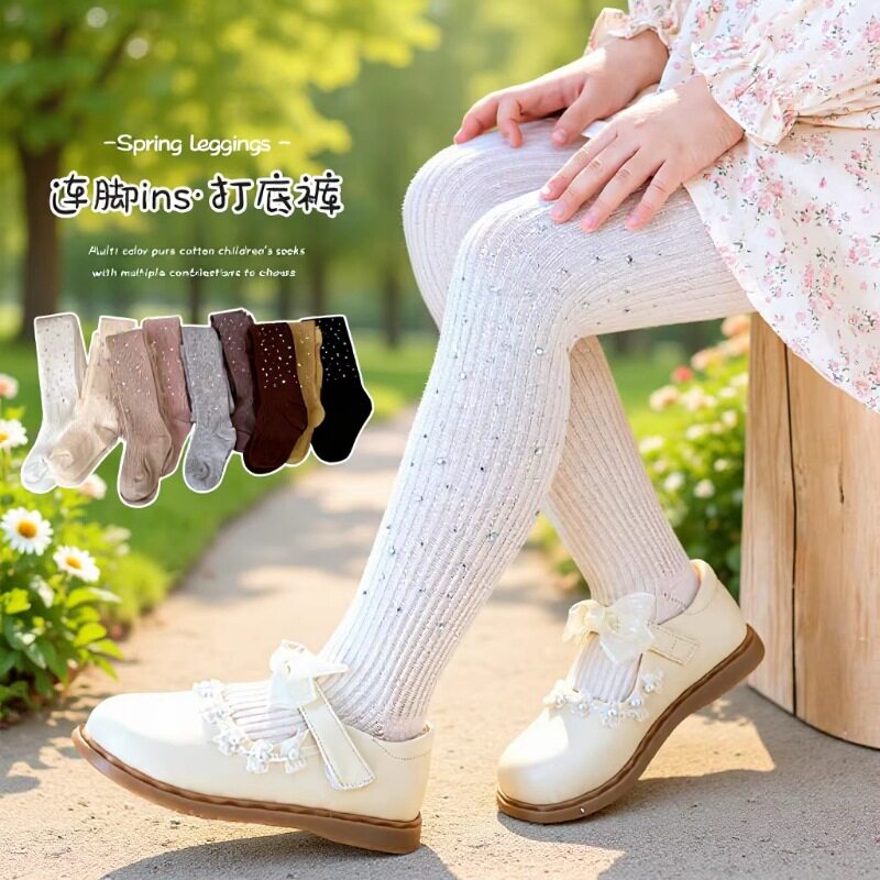 春秋女童连裤袜棉竖条闪钻打底裤韩版高弹儿童袜子中大童白色舞蹈