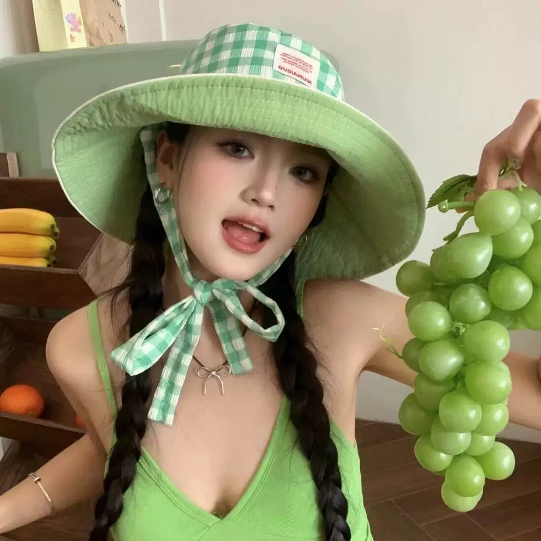韩版双面格子防晒渔夫帽女春夏天