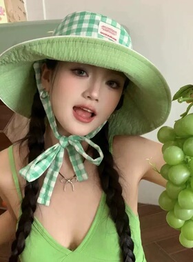 韩版双面格子防晒渔夫帽女春夏天