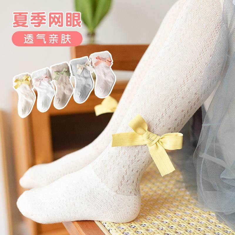 夏季女童连裤打底袜 新款儿童袜网眼糖果色蝴蝶结连裤袜货源