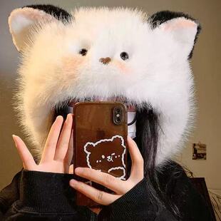 可爱猫耳朵毛绒帽子女秋冬季加绒加厚保暖防寒腮红护耳雷锋帽