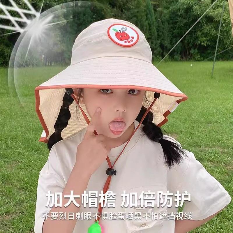 苹果儿童防晒帽子夏季防紫外线披肩护脖遮阳帽男女可爱大檐空顶帽
