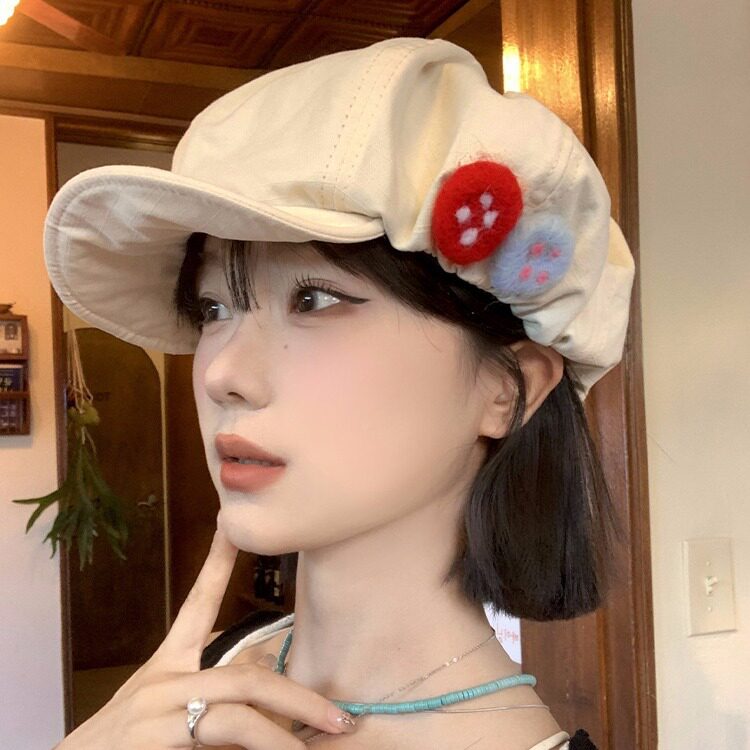 花朵镂空贝雷帽女夏季百搭薄钩花