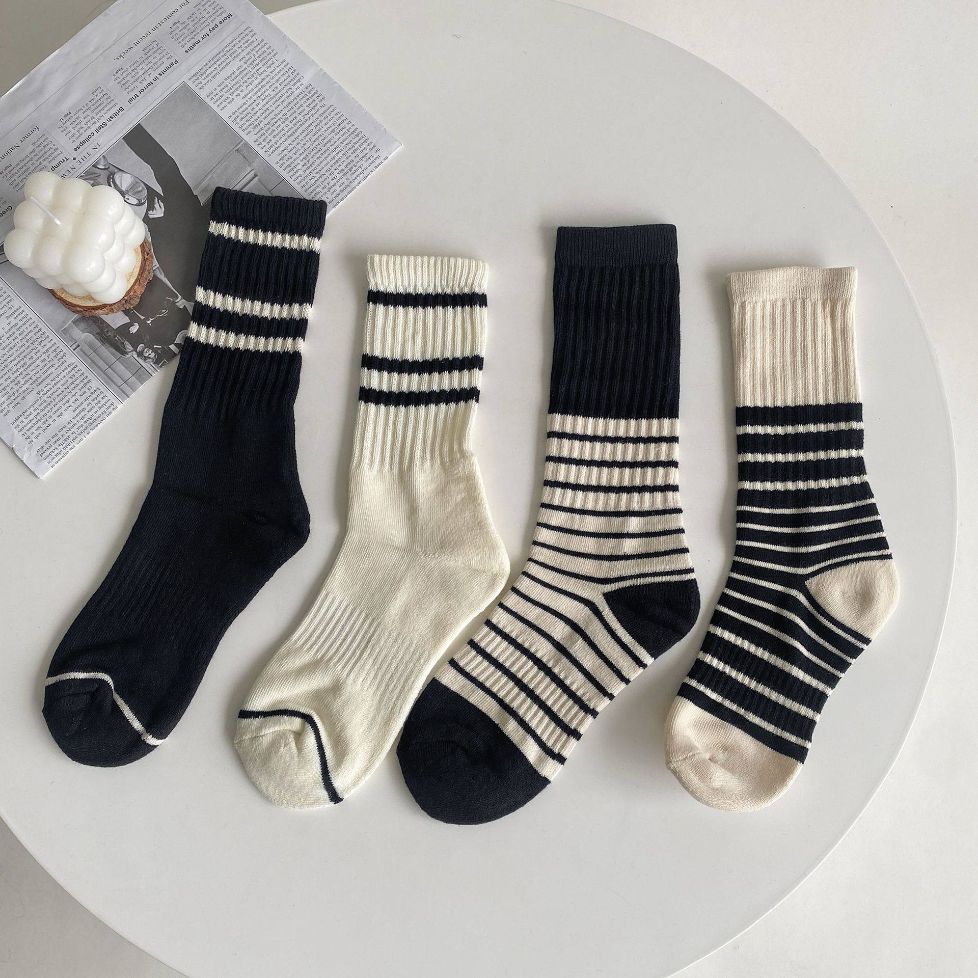 秋冬条纹袜子女中筒堆堆小腿袜棉