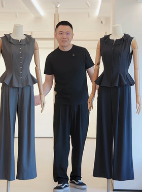 杰唯卡精纺羊毛高腰双褶阔腿裤