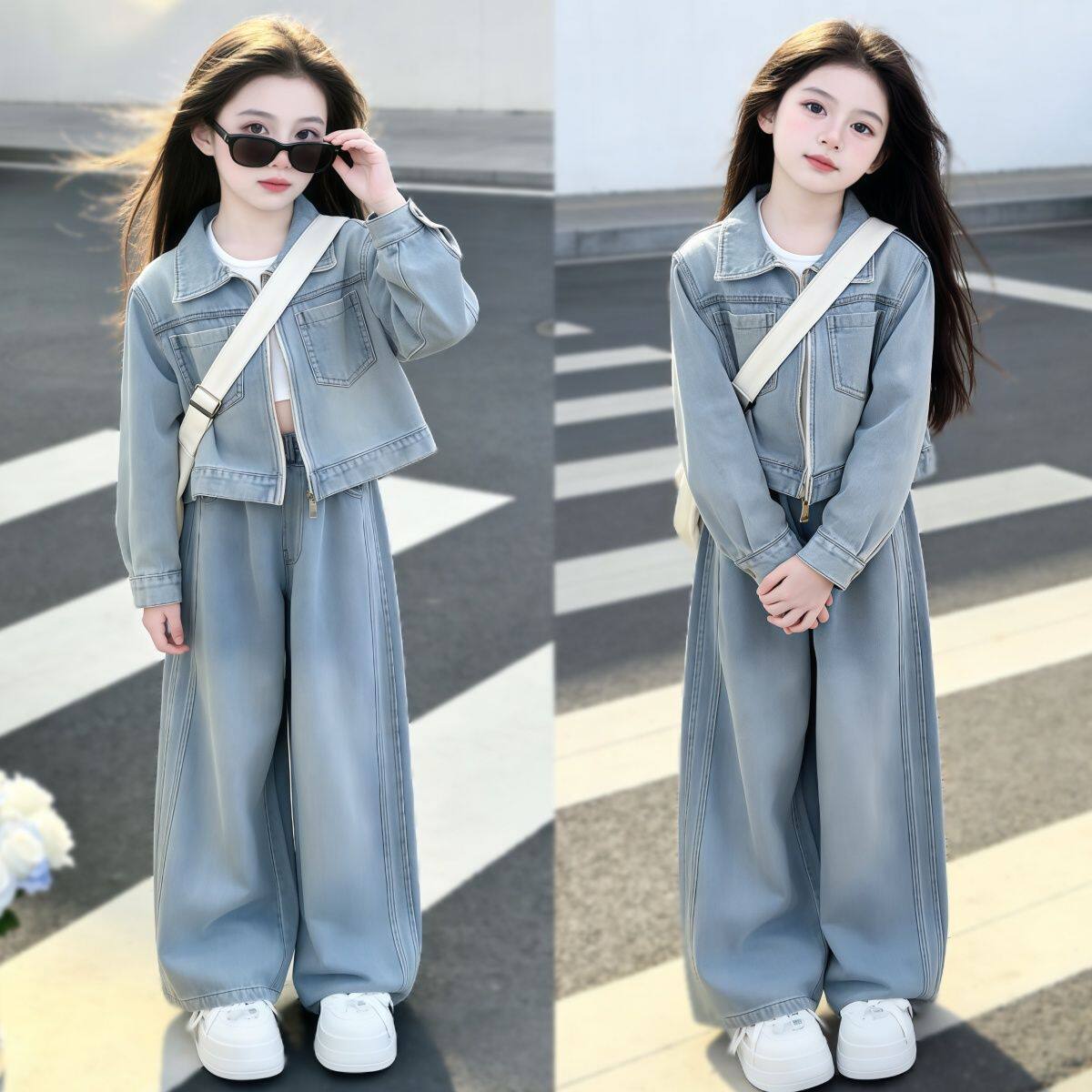 女童韩版时尚牛仔套装春秋季2026新款中大童洋气夹克外套阔腿裤潮