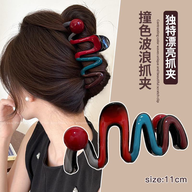 撞色波浪抓夹高级感发量多头饰