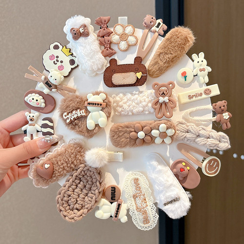 奶咖色小熊毛绒发夹摇粒绒发夹女
