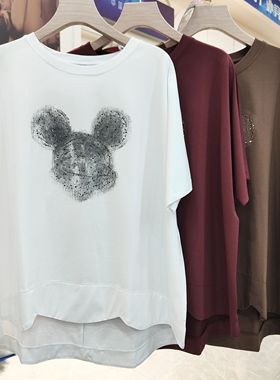 雅可25691女士中长款花边莫代尔棉短袖刺绣烫钻宽松背心T恤衫上衣