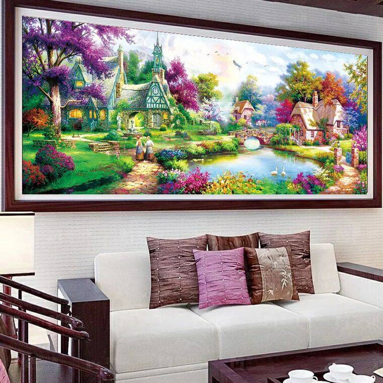 十字绣客厅山水2026新款绣线绣花园小屋卧室欧式风格风景满绣大幅