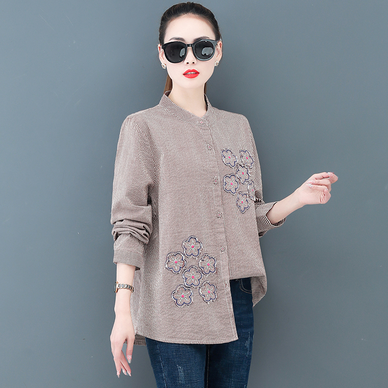 New spring and autumn embroidery fresh and sweet cotton hemp loose shirt student blouse girl