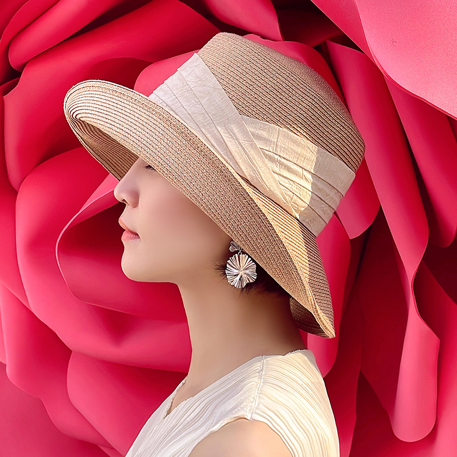 PJ大帽檐遮阳帽子女韩版潮流赫本风夏季防晒太阳海边沙滩草帽