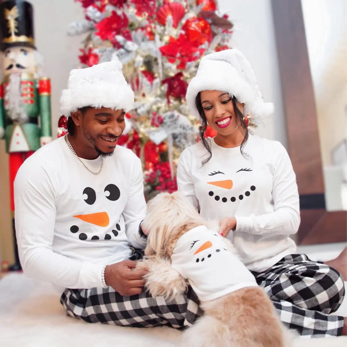 白色圣诞节睡衣套装家居格子裤子两件卡通外贸wish全家装欧美亲子