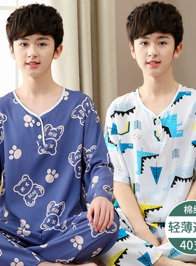 青少年棉绸睡衣男夏季新款薄大童初高中学生人造棉男士家居服套装