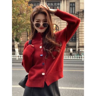 韩系漂亮红色半高领针织开衫女秋冬绝美设计感毛衣外套巨好看上衣