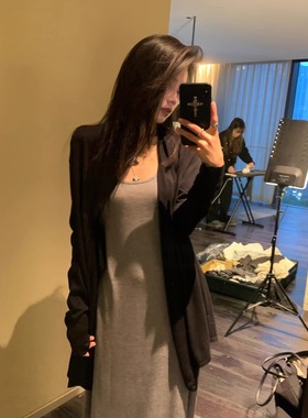 黑色冰丝针织开衫女春夏不规则中长款防晒罩衫吊带外搭纸片人上衣