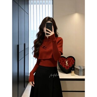 新中式红色斗篷盘扣毛衣女冬季款高级感上衣轻熟气质巨好看针织衫