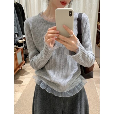 韩系灰色蕾丝长袖针织打底衫女秋冬内搭小个子超好看独特漂亮上衣