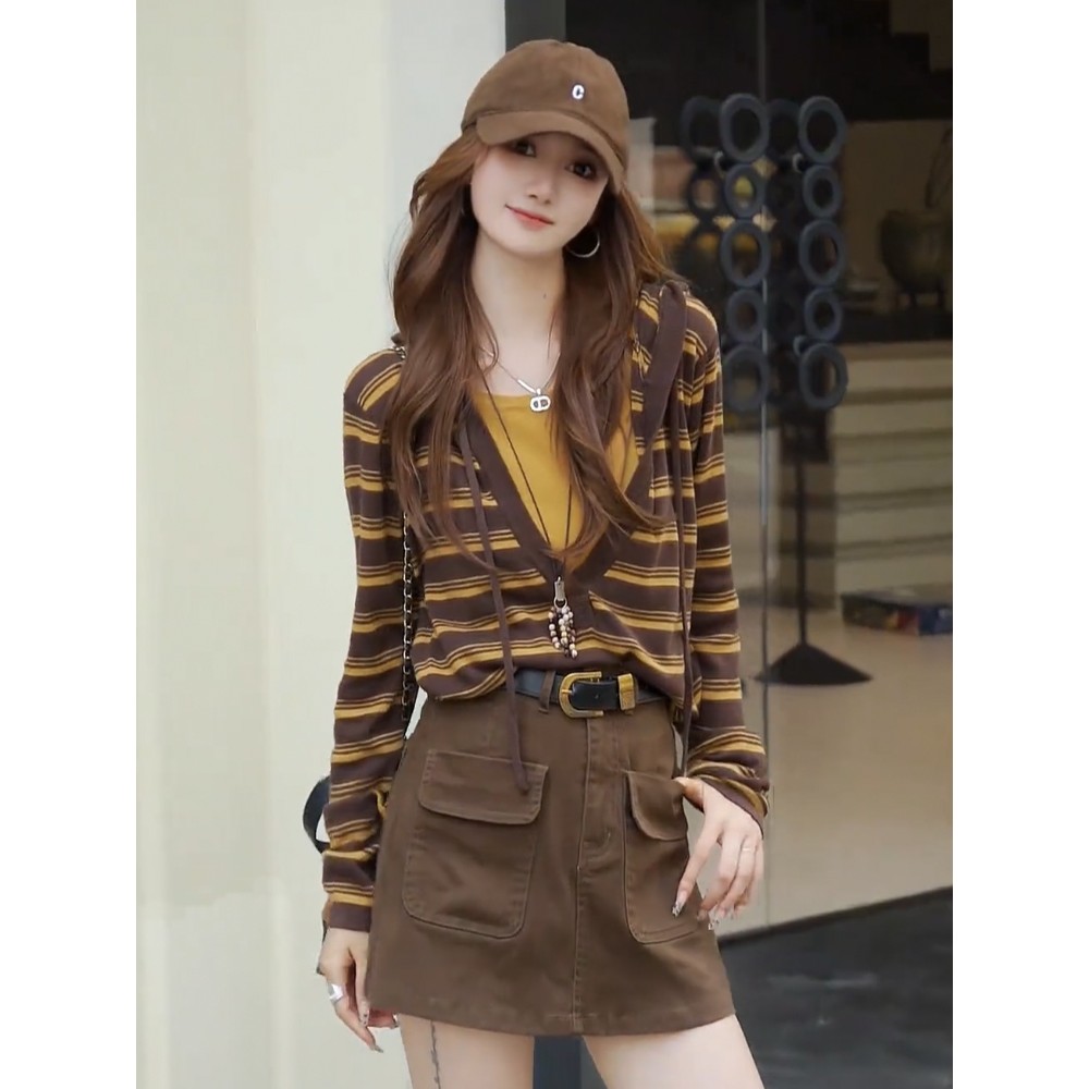 复古条纹拼接假两件风半开