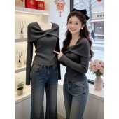 针织衫 毛衣女春季 绝美巨好看 灰色扭结设计感修身 内搭打底衫 上衣