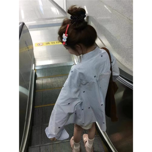 蓝色条纹长袖衬衫女春秋薄
