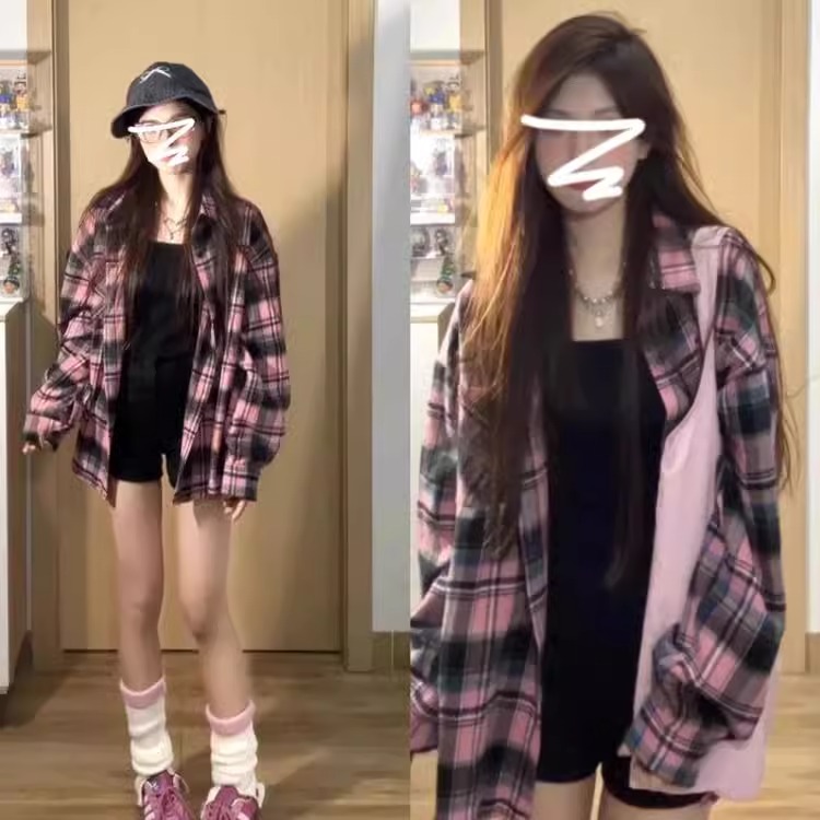美式复古格子衬衫外套女春秋季2025新款oversize早春长袖上衣衬衣