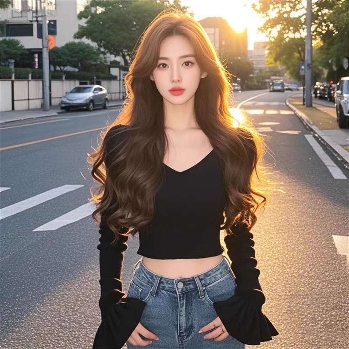 黑色短款喇叭袖t恤女春季