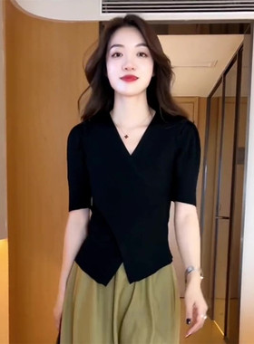 不规则交叉V领冰丝针织衫