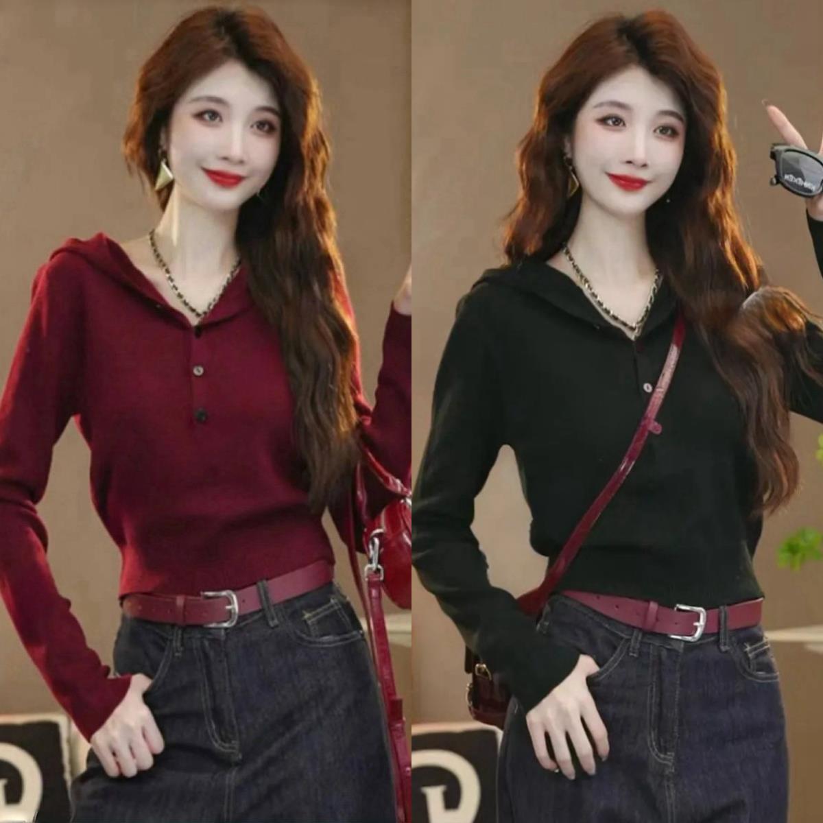 安可拉红连帽毛衣女秋季20