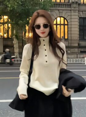 韩系慵懒白色高领针织打底衫女