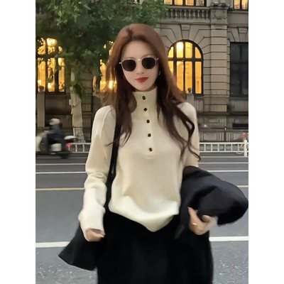 韩系穿搭白色高领针织打底衫女秋冬季宽松慵懒风毛衣内搭长袖上衣