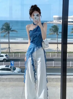 法式蓝色荷叶边斜肩吊带背心女夏季辣妹修身设计感不规则无袖上衣