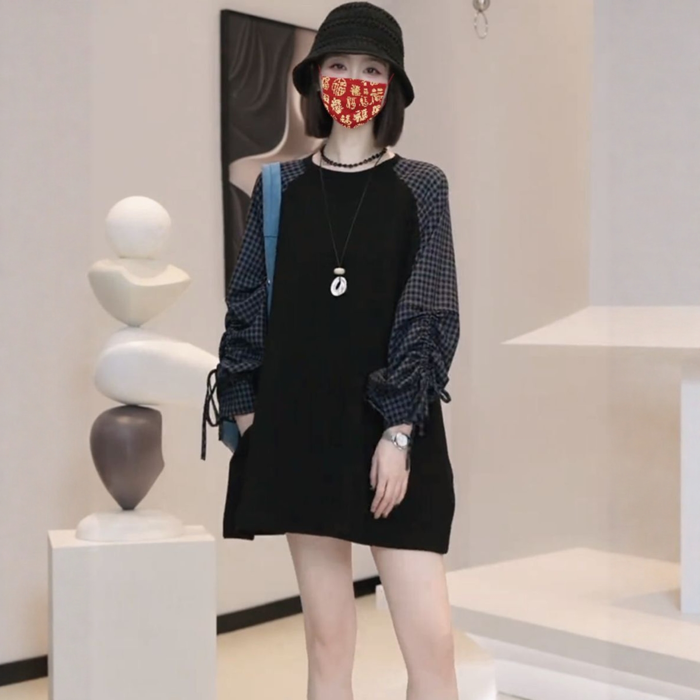 假两件长袖格子撞色拼接T