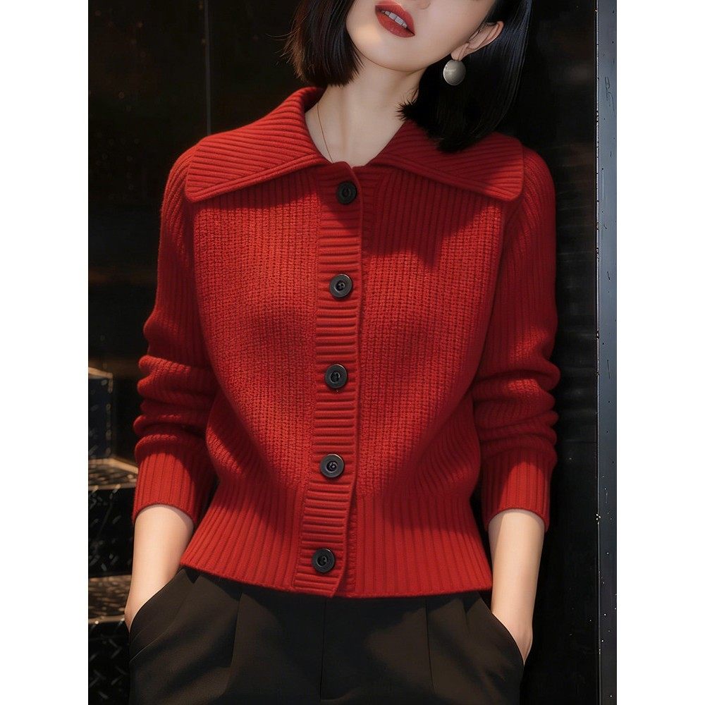 红色翻领毛衣外套女士秋冬季慵懒高级感洋气减龄显瘦针织开衫上衣,女装/女士精品,毛针织衫,淘宝优惠券,粉丝福利购,淘宝优惠卷