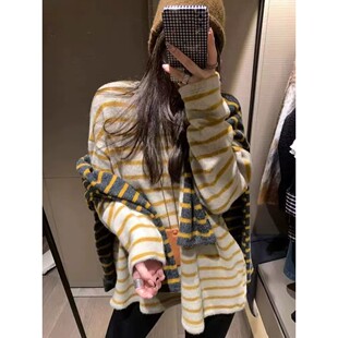 韩系中长款条纹圆领针织衫t恤女秋冬慵懒风遮屁股下半身失踪上衣