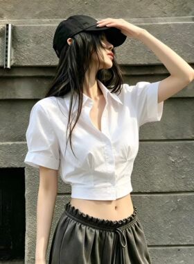法式白色短袖修身显瘦衬衫女夏