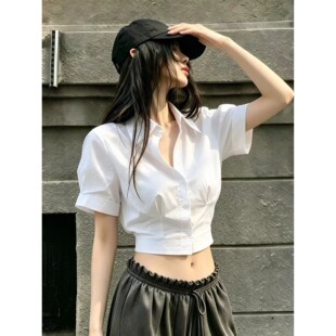 法式白色短袖衬衫女夏修身翻领短款纽扣简约百搭显瘦外搭修身上衣