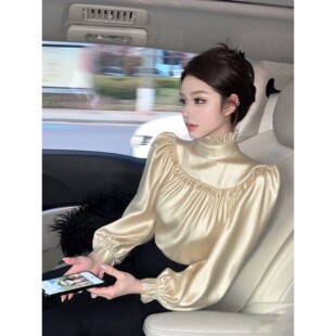 高级轻奢洋气减龄衬衣 女2025秋冬新款 法式 杏色高领荷叶边缎面衬衫