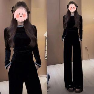 秋冬穿搭一整套高级感丝绒上衣加绒阔腿裤两件套御姐气质潮流套装