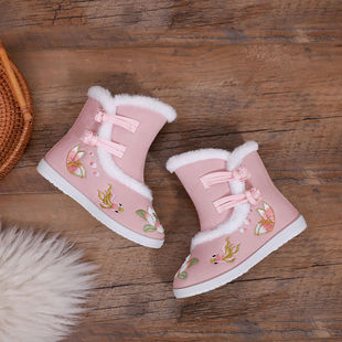 女童汉服鞋冬中国复古风唐装儿童绣花鞋冬季加绒靴子小宝宝红棉鞋